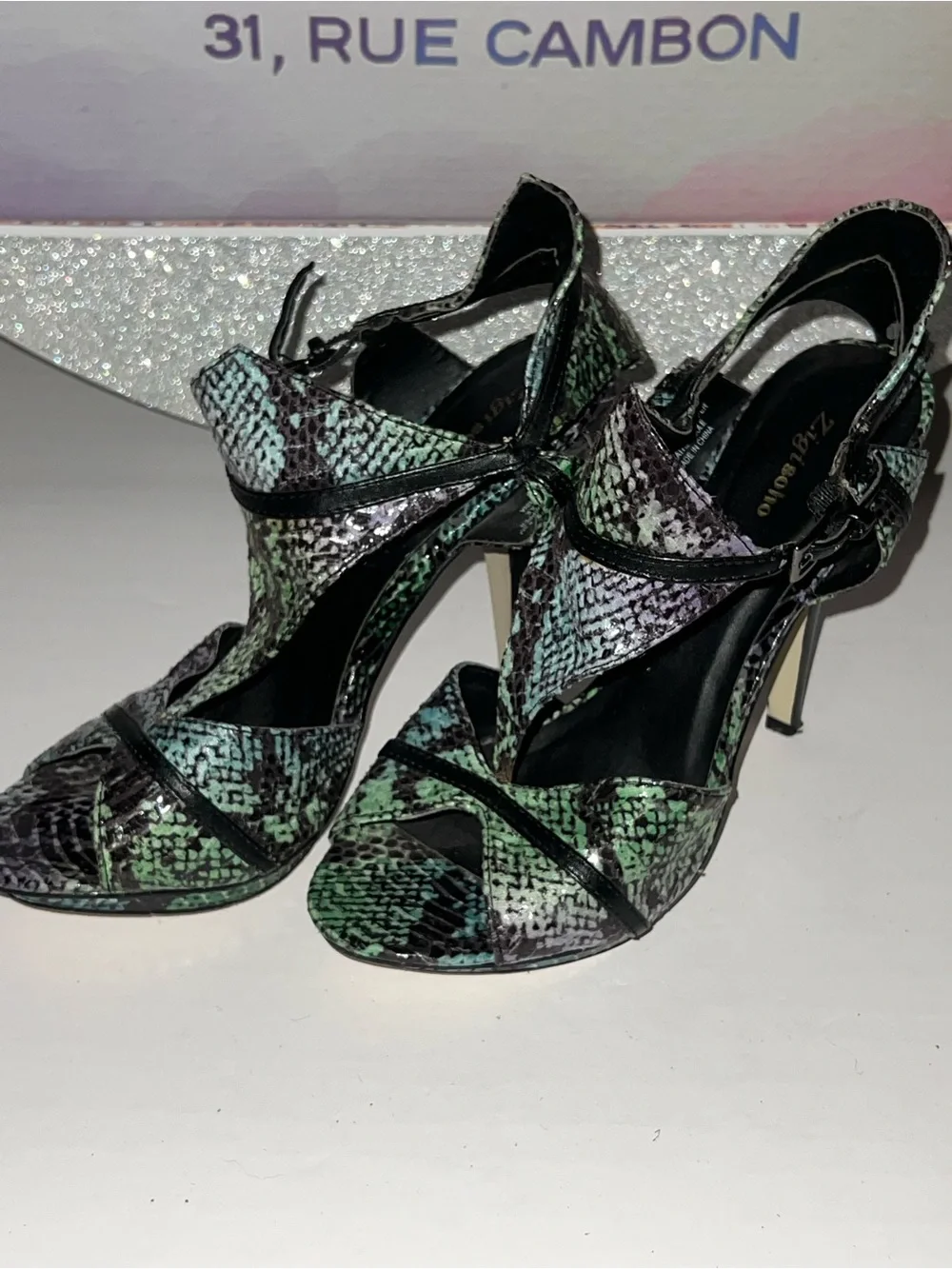 Zigi Soho Green and Black Snake-Print High Heel Sandals